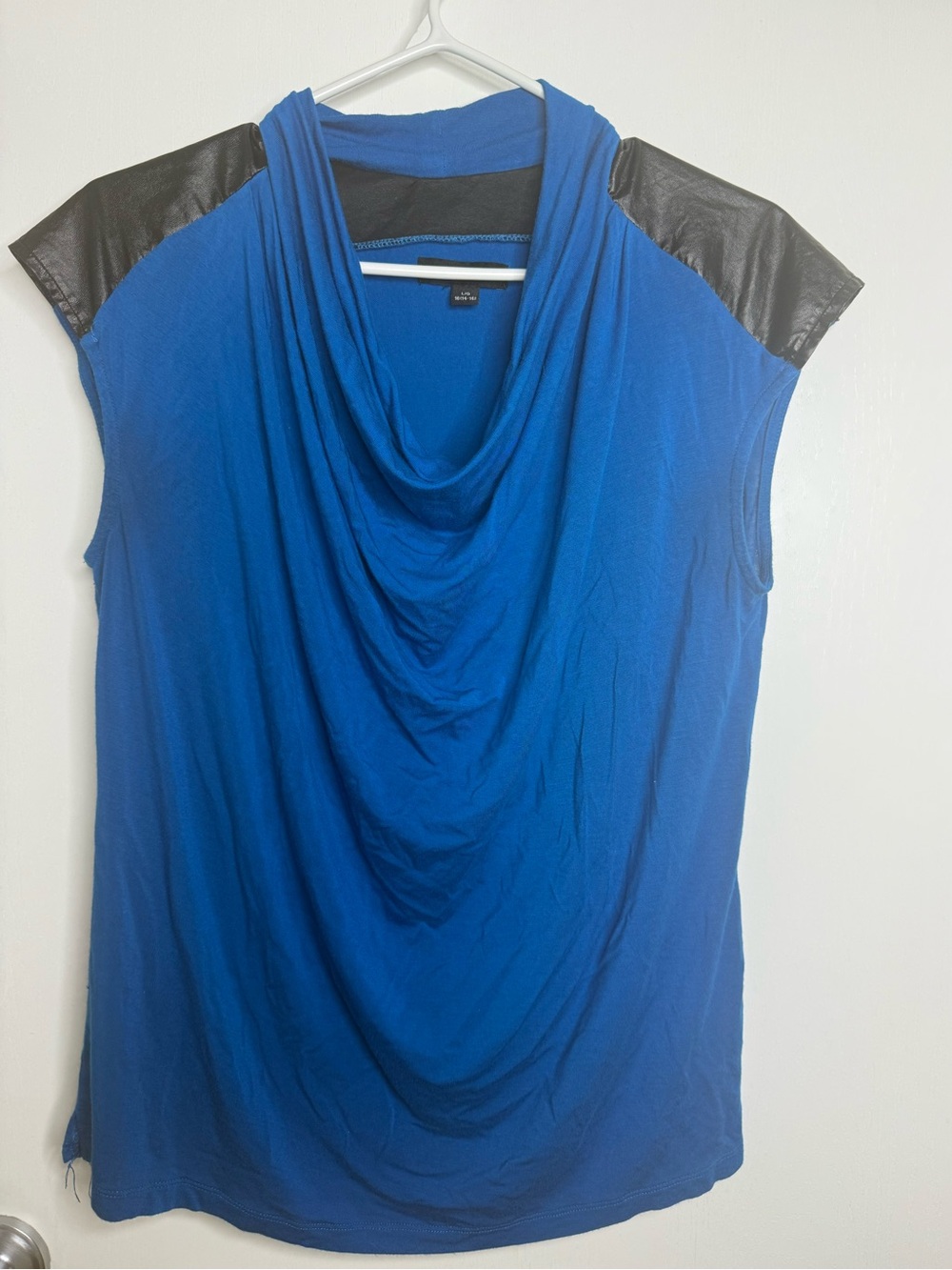 Jessica Blue Draped Cowl Neck Top with Black Faux Leather Shoulders